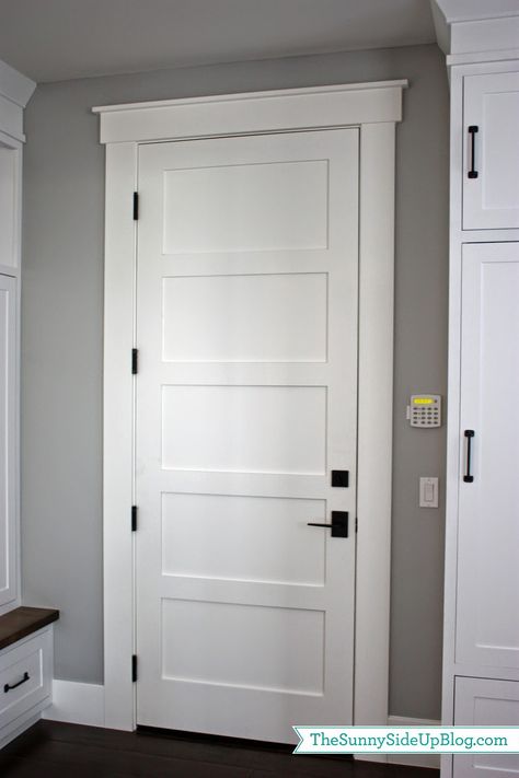 I like this hardware especially entering into the house with bags.... Mudroom Q & A April 25, 2014 by Erin 11 Comments Farmhouse Trim Moldings, Farmhouse Interior Doors, Farmhouse Trim, Interior Door Styles, Interior Door Trim, House Trim, Revere Pewter, Door Casing, Door Molding