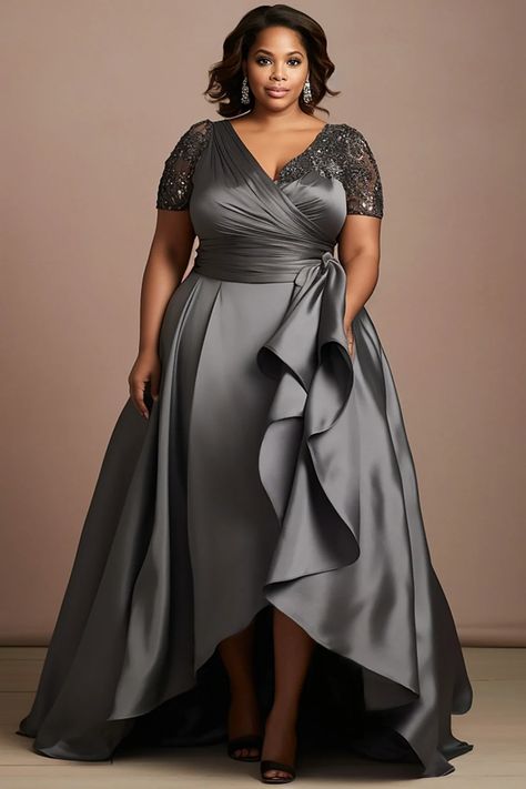 Plus Size Mother Of The Bride Grey Wrap, Neck Short Sleeve Drilling Asymmetric Hem Satin Maxi Dresses - YKM Media Modest Dresses Fashion, Dinner Dress Classy, Midi Dress Plus Size, Plus Size Formal, Plus Size Formal Dresses, Evening Dresses Plus Size, فستان سهرة, Classy Dress Outfits, Grey Dress