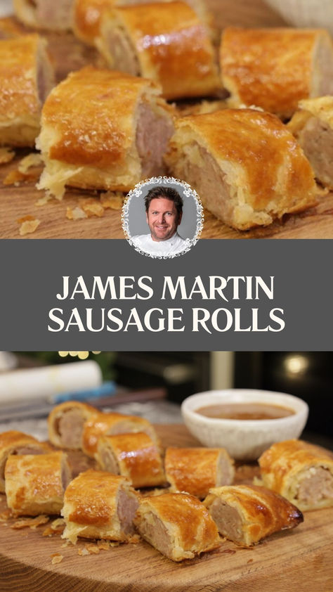 James Martin Sausage Rolls British Sausage Rolls Recipe, English Sausage Rolls, Sausage Roll Recipe, James Martin Recipes, Chef Jamie Oliver, Sausage Rolls Recipe, Hp Sauce, Hearty Snacks, Sausage Roll