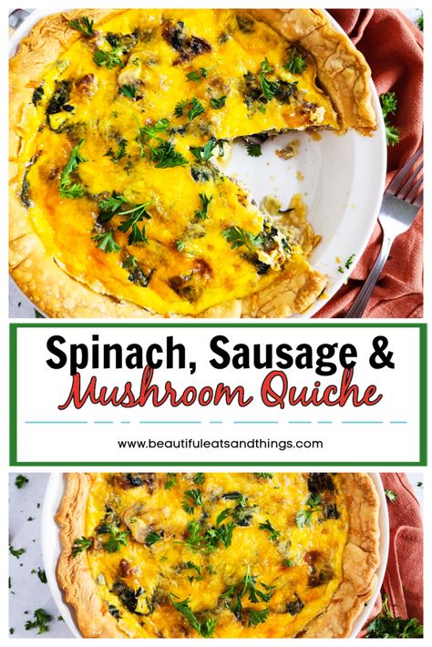 Quiche With Sausage And Cheese, Sausage Mushroom Spinach Quiche, Sausage Spinach Quiche Recipes, Turkey Sausage Quiche, Sausage Mushroom Quiche, Sausage Spinach Quiche, Mushroom Spinach Quiche, Spinach And Mushroom Quiche, Breakfast Quiche Sausage