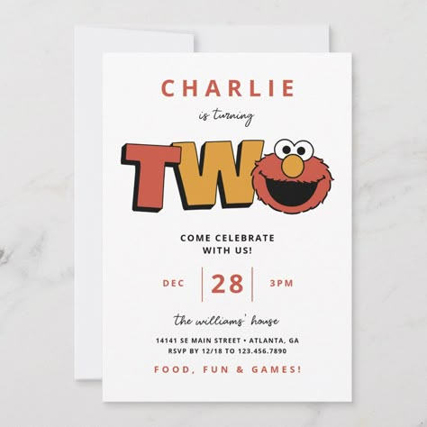 Invite all your family and friends to your child's birthday with these "Two" birthday invitations featuring Elmo. Personalize by adding all your party details! Sesame Place Birthday Party, Elmo’s World Birthday Party, Elmo Birthday Party Boy, Elmo Birthday Invitations, Sesame Street Birthday Invitations, Sesame Street Invitations, Elmo And Cookie Monster, Elmo Birthday Party, Sesame Street Elmo