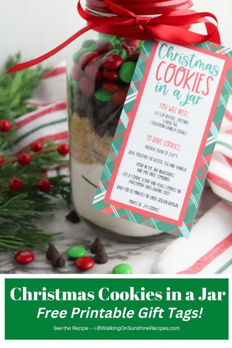 Everything you need for this Christmas Cookie Mix in a Jar is included below...even FREE printable gift tags! Easy, delicious and FUN! M&m Cookie Mix In A Jar, Cookie Mason Jar Recipes Holiday Gifts, Cookie Mix In A Bag Gift Ideas, Mason Jar Cookie Mix Recipe Christmas Printable Labels, Quart Jar Cookie Mixes, Sugar Cookie Jar Recipe Gift Ideas, Mason Jar Christmas Gifts Cookies, Food Mixes In A Jar, Chocolate Chip Cookie In A Jar