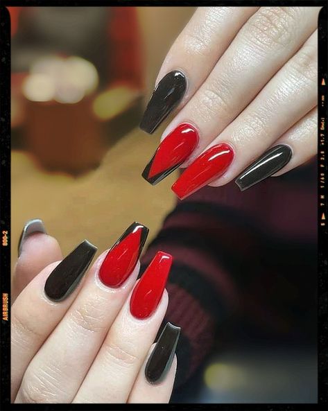 Nail Ideas Black Nail Red Tip, Black Nail With Red Tip, Black Nd Red Acrylic Nails, Red Nail With Black Tip, Red And Black Aesthetic Nails Acrylic, Red And Black Nails Simple Design, Acrylic Nails Ideas Red And Black, Black With Red French Tip Nails, Black And Red Nails Ideas Coffin