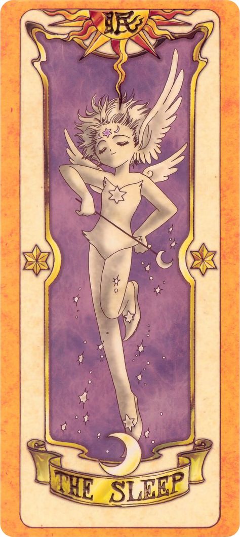 The Sleep (Kanji: 眠, Katakana: スリープ, Romanji: Surīpu) is one of the fifty-two Clow Cards. It is under The Dark and under the power of the Moon, Yue, and Eastern Magic. Sleep resembles a young, periwinkle, sprite with a six-point star on its forehead and one, overlarge, feathered ear on the left side of her head and short hair. Sleep sometimes carries a small wand, which usually produces the magical dust that induces sleep. Clow Cards, Sakura Card Captor, Tsubasa Chronicles, Wood Card, Magic Cards, Anime Episodes, White Owl, Clear Card, Sakura Card