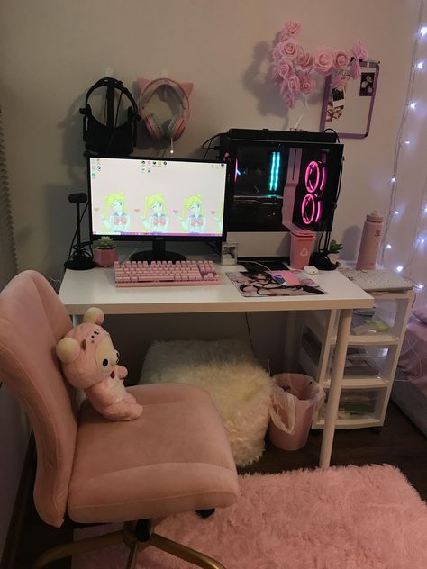 Kawaii Bedroom, Gamer Setup, Otaku Room, Gamer Room Decor, Video Game Room Design, Kawaii Room Decor, Video Game Rooms, Dekorasi Kamar Tidur, Gaming Room Setup