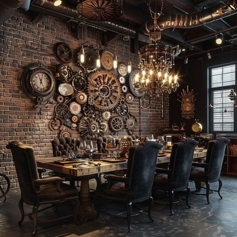 14 Steampunk Interior Design Ideas: Achieve Victorian Elegance with Futuristic Industrial Flair | Florgeous Antique Industrial Decor, Industrial Speakeasy, Steampunk Dining Room, Industrial Glam Decor, Modern Victorian Dining Room, Victorian Steampunk Aesthetic, Steampunk Cafe, Steampunk Interior Design, Steampunk Room