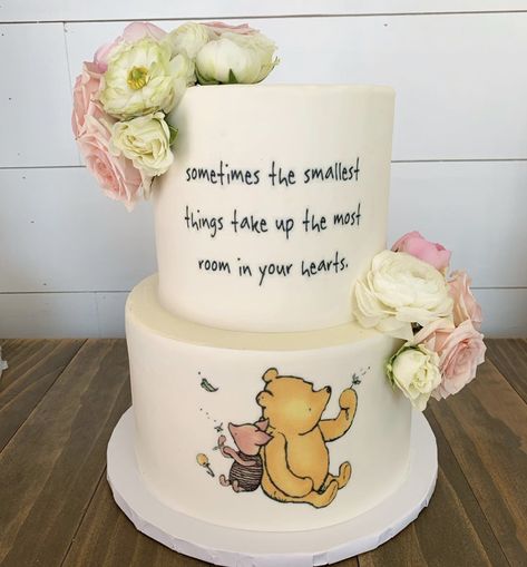 Pooh Bear Themed Baby Shower Ideas, Gender Reveal Pooh Bear, Baby Shower Cake Winnie The Pooh, Poo Bear Baby Shower Theme, Winnie The Pooh Baby Shower Ideas Cake, Vintage Pooh Bear Baby Shower Ideas, Girl Baby Shower Winnie The Pooh, Disney Baby Shower Cake, Vintage Winnie The Pooh Baby Shower Cake