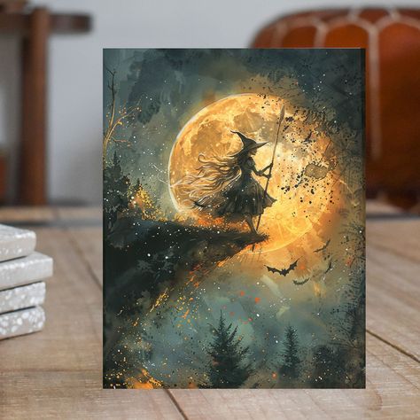 Send a touch of magic with our Midnight Flight Greeting Card. Featuring a charming watercolor depiction of a witch flying against a full moon, this handmade card is perfect for Halloween, Samhain greetings, or any occasion that calls for a bit of enchantment. Whether used as a note card, thank you card, or invitation, this mystical art card adds a whimsical touch to your stationery collection. Handmade Stationary Each card features a high-quality print of the original artwork. Cards * folded wit Halloween Cards With Witches, Witch Greeting Cards, Halloween Witch Painting, Samhain Greetings, Halloween Watercolor Cards, Watercolor Halloween Art, Halloween Watercolor Art, Spooky Cards, Handmade Halloween Cards