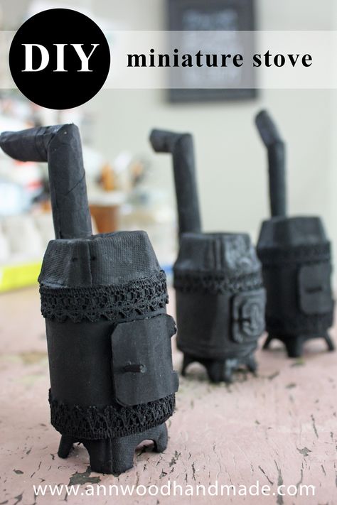 Make a miniature wood stove from a TP tube and egg carton - it's quick and easy and super fun. Perfect for a dollhouse. Diy Library, Dollhouse Furniture Tutorials, Miniatures Diy, Billy Goat, Ann Wood, Dollhouse Miniature Tutorials, Doll Furniture Diy, Diy Doll Miniatures, Mini Doll House