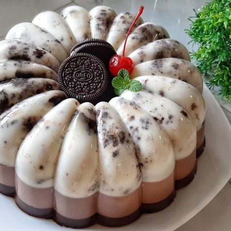 Oreo Pudding Dessert, Puding Oreo, Puding Cake, Puding Mangga, Puding Roti, Oreo Pudding, Jelly Desserts, Gelatin Recipes, Crunch Cake