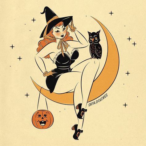 Halloween Pinup Art, Spooky Pinup, Otherworldly Art, Vintage Masquerade, Halloween Pin Up, Dark Tattoos, Autumn Celebration, Witch Drawing, Pin Up Drawings