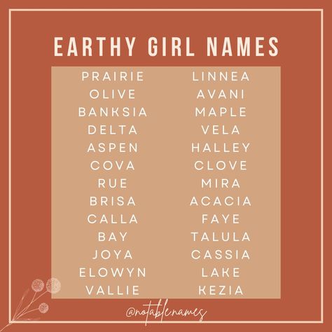 Earthy girl names are gorgeous and grounded. These names are rooted in earthy meanings or vibes, and are perfect for an earth sign baby (it's almost Taurus season)! I love how strong and beautiful these girls names are, and then add in that nature connection and it really puts them over the top for me. I like how they're all different too, some are more overt in their connection to nature, others are much more subtle. We have some frillier, girlier names and some more understated options that... Earth Names Girl, Earth Baby Names, Names That Mean Earth, On Earth We Are Briefly Gorgeous, Earth Names, Earthy Names, Earthy Girl Names, Bookish Ideas, Earthy Girl