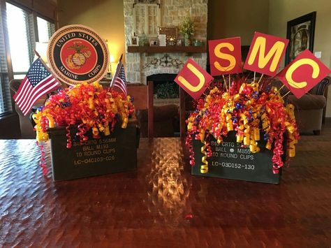 Marine Corps Centerpiece Ideas, Usmc Centerpieces Marine Corps, Marine Corp Centerpieces, Marine Corp Graduation Party, Marine Corps Ball Centerpieces, Marine Corps Party Ideas, Marine Corp Party Ideas, Marine Send Off Party Ideas, Marine Corp Retirement Party Ideas