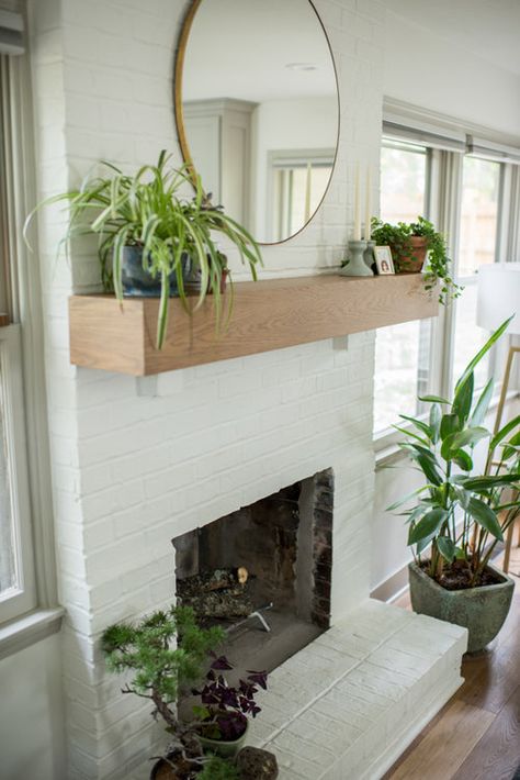 maplewood eclectic White Wash Brick Fireplace, Chimney Decor, White Brick Fireplace, Shelves Decor, Wood Mantle, Brick Fireplace Makeover, Paint Fireplace, White Fireplace, Eclectic Kitchen