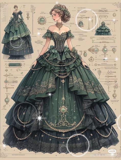 Green Rococo Dress, Royale Outfits Ideas, Green Royal Dress, Queen Dress Drawing, Villain Dresses, Rococo Dress, Dreamy Gowns, Dress Design Drawing, Stickers Aesthetic