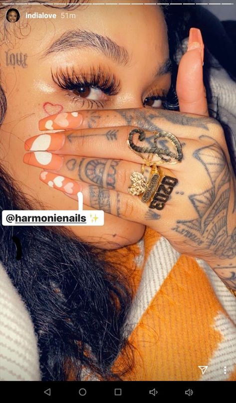 India Love Eyelashes, India Love Face Tattoos, India Love Lashes, India Westbrooks Tumblr, Unique Face Tattoos, India Love Nails, India Love Tattoos, Fall Almond Nails, India Westbrooks