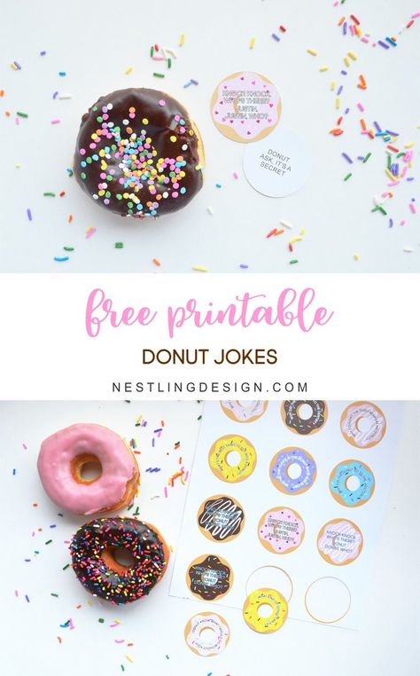 FREE printable Donut Jokes | NestlingDesign.com Food For Donut Themed Birthday Party, Donut Farewell Party, Donut Decorating Ideas Themed Parties, Donut Party Games, Free Donut Printables, Donut Classroom, Donut Games, Donuts With Dad, Donut Grow Up Party