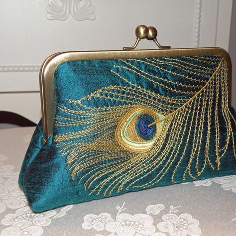 Peacock feather clutch Peacock Clutch, Peacock Purse, Embroidered Peacock, Silk Clutch, Peacock Colors, Silk Dupioni, Monogram Embroidery, Free Monogram, Quilted Wallet