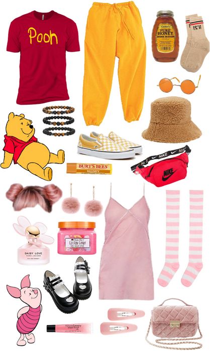 Piglet And Pooh Costume Couple, Pooh Bear Costume Women, Winnie And Piglet Costumes, Whinney Pooh Costumes, Disney Bounding Outfits Couples, Disney Bounding Couples Casual, Piglet Halloween Costume Women, Disney Bounding Ideas Couples, Pooh Bear Disneybound