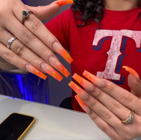 Carnival Nails Designs, Summer Acrylic Nails Coffin, Birthday Nails Inspiration, Nails Coffin Long, Carnival Nails, Orange Acrylic Nails, Long Red Nails, Nyc Nails, Fake Nails Designs