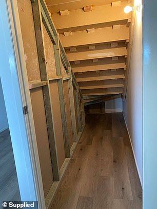 Mum transforms 'dead' space under the stairs with impressive Kmart DIY Drywall Under Stairs, Diy Under Stairs Storage How To Build, Under Stairs Kids Space, Under The Stairs Kids Space, Under Stairs Office, Under The Stairs Playroom, Kmart Diy, Under Basement Stairs, Under Stairs Cupboard Storage