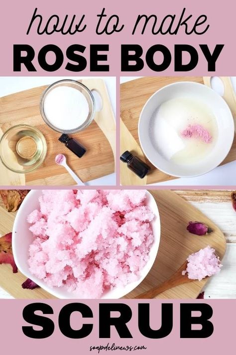 DIY rose sugar scrub for natural skin care. Learn how to make a rose sugar scrub recipe with essential oils. This rose body scrub is made without coconut oil, and is naturally scented with essential oils for a homemade body scrub for glowing skin. This simple sugar scrub recipe is scented with rose absolute or a rose essential oil blend. This DIY sugar scrub exfoliates and moisturizes skin with just 3-ingredients. Learn the best carrier oils to make a sugar scrub recipe without coconut oil. Essential Oil Face Scrub Recipe, Essential Oils For Glowing Skin, Body Scrub For Glowing Skin, Scrub For Glowing Skin, Rose Body Scrub, Rose Sugar Scrub, Body Scrub Homemade Recipes, Sugar Scrub Homemade Recipe, Diy Natural Beauty Recipes