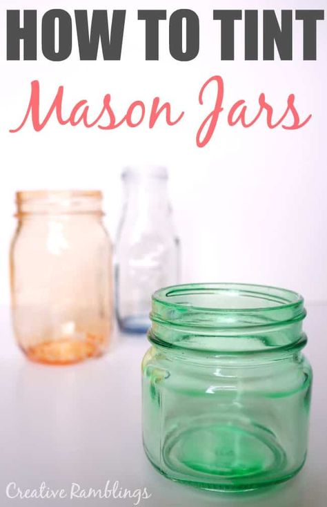 How to Tint Glass Mason Jars - Creative Ramblings Coffee Jar Crafts, Staining Mason Jars, Tinting Glass, Tinted Mason Jars, Mason Jar Diy Projects, Jar Projects, Painting Glass Jars, Coffee Jar, Diy Hanging Shelves