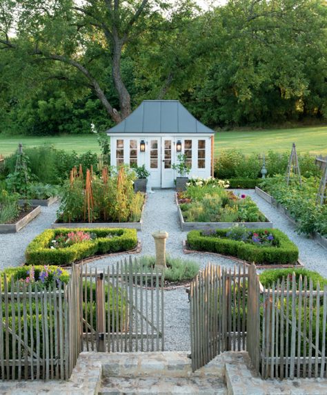 Garden Layout With Raised Beds, Cottage Vegetable Garden Design, Greenhouse And Garden Layout, English Garden Shed, English Garden Layout, Island Garden Bed, French Potager Garden, Raised Garden Beds Ideas Layout, Backyard Secret Garden