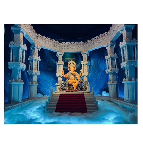 Saraswati Puja Pandal Decoration Ideas, Ganesh Pandal Decoration, Ganpati 2023, Lion Emoji, Tv Lounge Design, Flower Decoration For Ganpati, Ganpati Picture, Ganpati Decoration Theme, Ganesh Temple