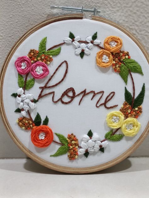 Hand embroidery home/sweet home hoop design floral embroidery design Embroidery Home Sweet Home, Hanging Embroidery, Embroidery Home, Hoop Design, Hand Embroidery Design, Dmc Thread, Design Wall, Home Sweet Home, Embroidery Hoop