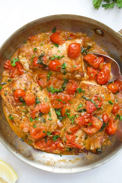 Mahi Mahi with Tomato Lemon Sauce | Every Last Bite Mahi Recipes, Mahi Mahi Recipe, Mahi Mahi Recipes, Seared Fish, Fish Dinner Recipes, Lemon Butter Sauce, Fish Recipes Healthy, Fish Dinner, Lemon Sauce