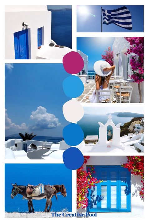 Santorini Color Palette, Blue And White Mood Board, Mamma Mia Color Palette, Greece Mood Board, Mamma Mia Nails Ideas, Feminine Mood Board, Greece Travel Aesthetic, Blue Mood Board, Interiordesign Moodboard