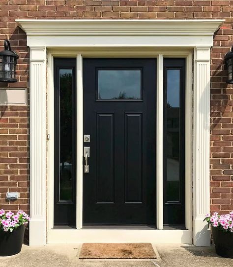 Black Front Door With Matching Glass Sidelights | Pella Front Entry Doors With Sidelights, Entry Doors With Sidelights, Entry Door Styles, Craftsman Front Door, Fiberglass Front Entry Doors, Black Entry Doors, Entry Door Colors, Doors With Sidelights, Entry Door With Sidelights