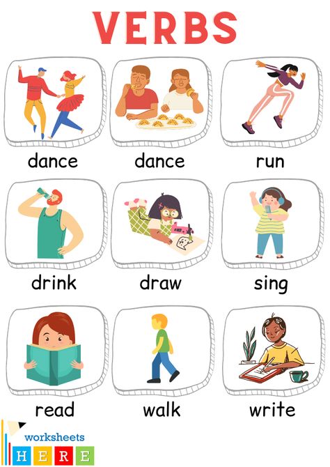 Verbs with Pictures in English, 100 Action Verbs with Pictures - WorksheetsHere.com Action Verbs Activities, Verb List, Types Of Verbs, Verbs Activities, Verbs List, Action Verbs, English Verbs, Action Words, English For Kids