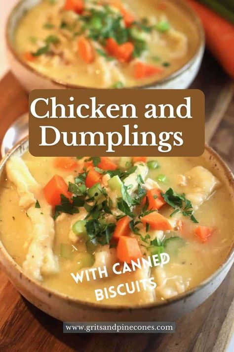 Easy homemade chicken and dumplings with canned biscuits is classic comfort food and a true family favorite. It's full of juicy pieces of chicken and tender dumplings swimming in a delicious broth with carrots and celery for a complete meal in a bowl. Add this to your weekly menu for a comfort food the whole family will love! Dumplings With Canned Biscuits, Dumplings With Biscuits, Chicken And Dumplings With Biscuits, Southern Chicken And Dumplings, Newest Recipes, Casserole Ideas, Fresh Milled Flour, Southern Chicken, Homemade Chicken And Dumplings