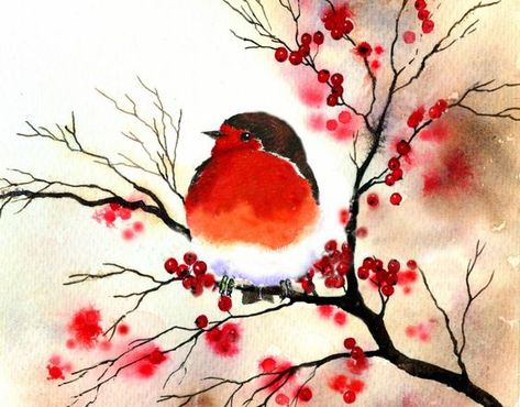 Bird Watercolor Paintings, Bird Watercolor, Watercolor Birds, Watercolor Paintings For Beginners, Winter Watercolor, Watercolour Inspiration, Watercolor Paintings Easy, Watercolor Christmas Cards, 수채화 그림