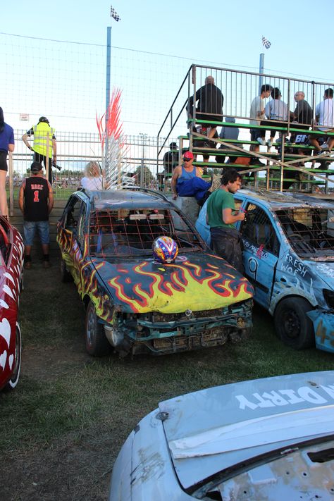 Waikaraka Speedway Ramp Demolition Derby Waikaraka Speedway Ramp Demolition Derby - An exciting night of high speed Speedway action from the drop of the first green flag and then the fantastic antics of the Demolition Derby cars as they leaped over the ramp on their way to destruction. The night featured Camaros, Mustangs, Corvettes, Commodores Saloons racing door handle to door handle with additional support... View more photos Demo Derby Cars, Demolition Derby Aesthetic, Demolition Derby Cars Paint Ideas, Derby Car Paint Ideas, Baileys Aesthetic, Derby Car Ideas, Demolition Derby Cars, Banger Racing, Kobra Kid