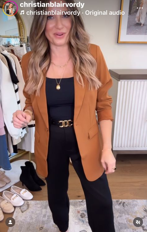 Burnt Orange Outfits Female, Carmel Blazer Outfits Women, Burnt Orange Pants Outfit Fall, Burnt Orange Pants Outfit Work, Burnt Orange Blazer Outfit, Orange Pants Outfit Work, Suede Shirt Outfit, Sweater Blazer Outfit, Camel Blazer Outfit