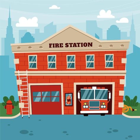 Fire Station Preschool, Fire Station Cartoon, Fire Station Design, Firefighter Drawing, Community Helpers Preschool Activities, Community Places, Community Helpers Theme, Community Helpers Preschool, Fire Horse