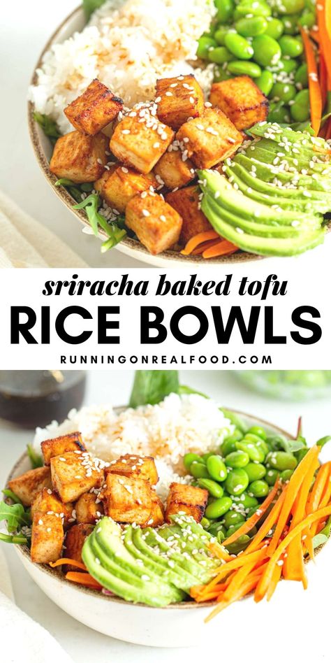 Sriracha Tofu Bowl, Rice And Edamame Bowl, Easy Tofu Bowl, Vegan Tofu Rice Bowl, Edamame Rice Bowl, High Protein Poke Bowl, Poke Bowl Vegetarian, Tofu Lunch Ideas, Vegetarian Poke Bowl