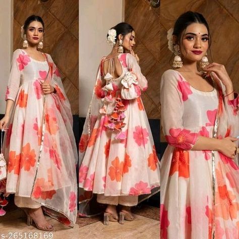 #price#899#booking#no.7985462886/ Organza Dresses Design, Floral Print Kurti, Floral Organza Dress, Suits For Women Indian, Long Frock Designs, Lehenga Designs Simple, Anarkali Dress Pattern, Simple Gowns, Designer Kurti Patterns