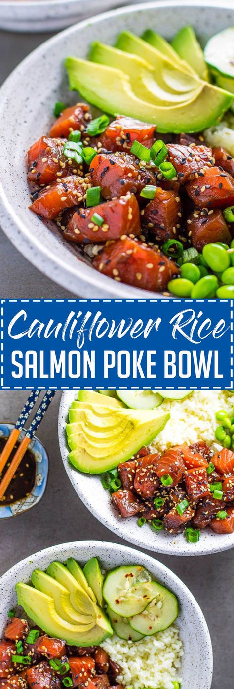 Cauliflower Rice Salmon Poke Bowl - Lean Green Nutrition Fiend Poke Bowl Recipes, Green Nutrition, Salmon Poke Bowl, Rice Salmon, Poke Bowl Recipe, Salmon Poke, Veggie Bowls, Garlic Butter Salmon, Cauliflower Rice Recipes