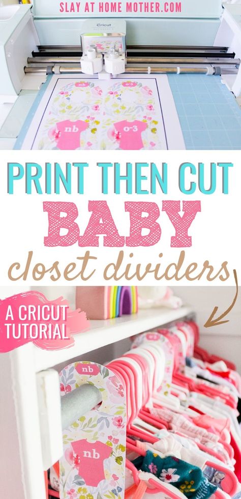 Diy Baby Nursery Decor, Cricut Nursery Decor, Baby Diy Projects Nursery, Cricut Nursery Projects, Diy Nursery Closet Dividers, Diy Baby Closet, Cricut Print Then Cut, Cricut Baby Shower, Nursery Closet Dividers