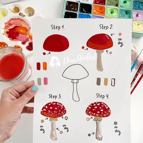 Mushroom Paint, Mushroom Drawing, Gouache Art, Watercolor Art Lessons, Mushroom Art, Dessin Adorable, Beginner Painting, Art Inspiration Painting, Painting Art Projects