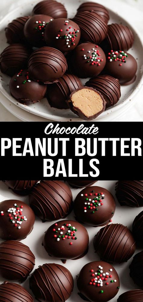 The love of chocolate and peanut butter are combined in these irresistible chocolate-covered peanut butter balls. Peanut Butter Chocolate Balls, Peanut Butter Balls Easy, Chocolate Peanut Butter Balls, Peanut Butter Balls Recipe, Peanut Butter Truffles, Chocolate Covered Peanuts, Christmas Baking Recipes, Butter Balls, Chocolate And Peanut Butter