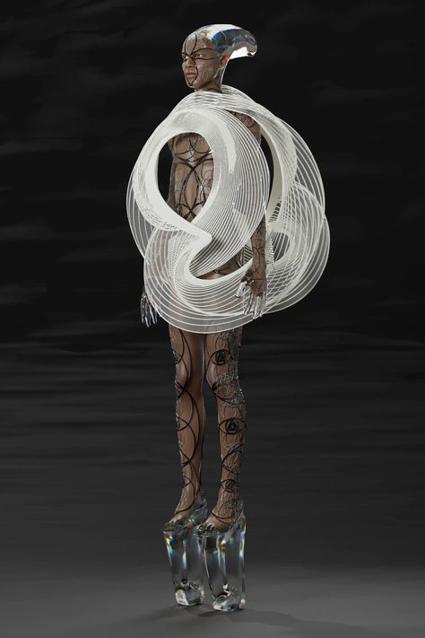 Metaverse Fashion, Innovative Fashion Design, Paper Textiles, Surreal Fashion, Digital Fashion Design, Fall 2022 Couture, Futurism Fashion, Alien Clothes, 2022 Couture