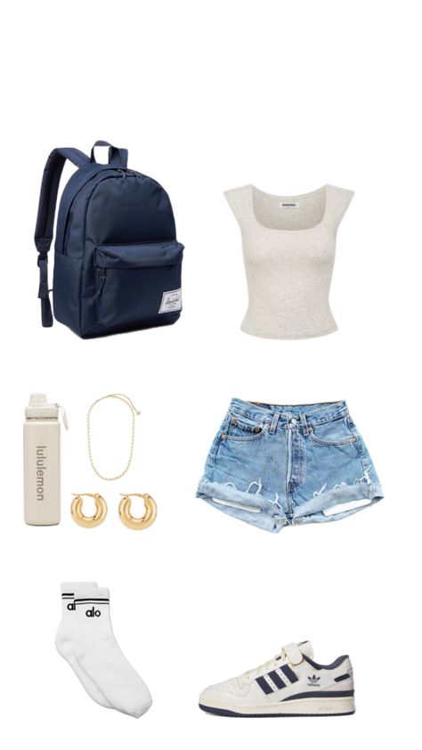 school, inspo, outfit, outfit inspo, school outfit inspo, summer, first day of school, navy outfit, outfit with jean shorts, adidas, shoes, Alo socks, gold jewelry, water bottle, lulu lemon water bottle Lulu Lemon Water Bottle, Outfit With Jean Shorts, Alo Socks, Lemon Water Bottle, Outfit Inspo School, School Shorts, Jean Short Outfits, Summer School Outfits, Shorts Adidas