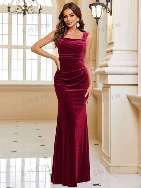 SHEIN Belle Bridesmaid Dress With Wide Straps, Ruffles, Mermaid Silhouette, And Velvet Fabric | SHEIN USA Wine Red Bridesmaid Dress, Velvet Burgundy Dress, Wine Red Bridesmaid Dresses, Bridesmaid Dresses Red, Dark Red Bridesmaid Dresses, Red Bridesmaid Dress, Bridesmaid Dresses Long Lace, Latest Bridesmaid Dresses, Burgundy Velvet Dress