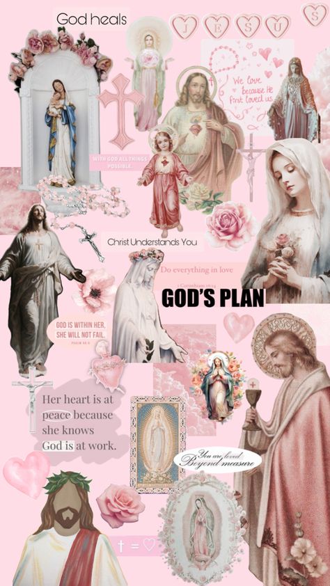 Bible Quotes Background, Pink Collage, Catholic Wallpaper, Church Aesthetic, Christian Quotes Wallpaper, Bible Verse Background, Jesus Christ Artwork, God Heals, Jesus And Mary Pictures