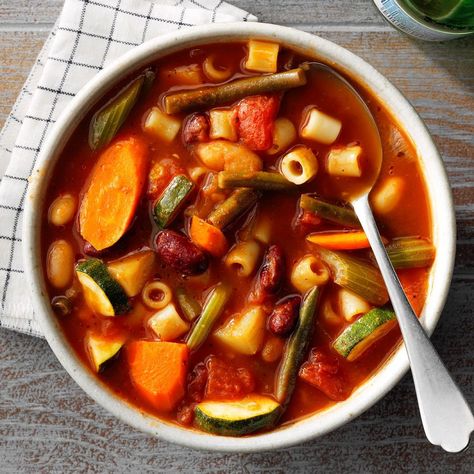 There's nothing quite like the comfort of warm homemade soup, and it's even better when your slow cooker does most of the work for you! This slow-cooker minestrone is easy to put together but has all the flavor of a high-effort dish. —Erin Raatjes, New Lenox, Illinois Minestrone Slow Cooker, Slow Cooker Minestrone Soup, Slow Cooker Minestrone, Burger Soup, Vegetable Drawer, Minestrone Soup Recipe, Crockpot Soups, Taste Of Home Recipes, Italian Soup